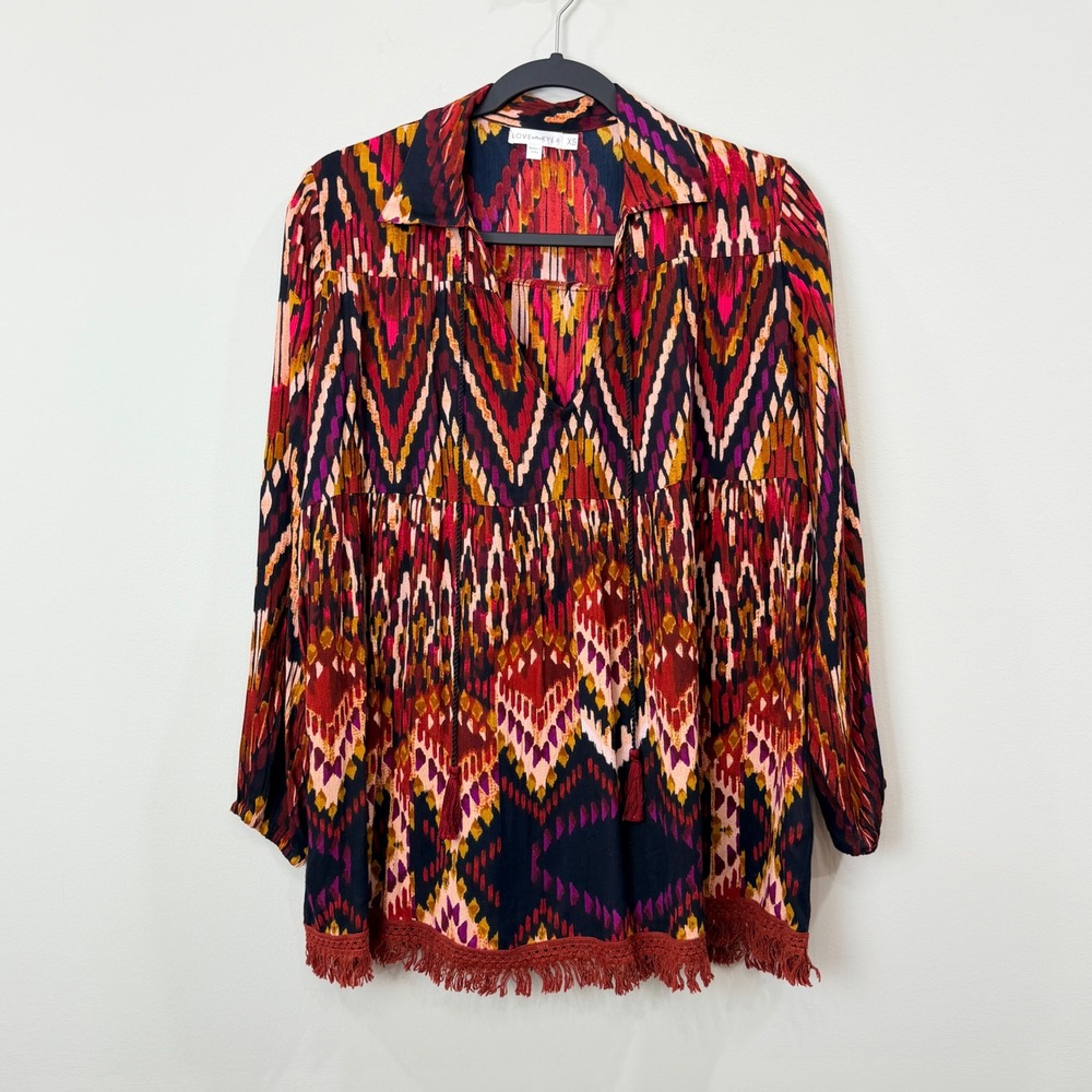 Boho Oversized Women XS Tunic Top Artful Peasant Flowy Hippie Ikat Fringe Tassel